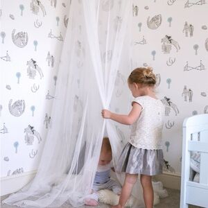 KATIE BOURNE INTERIORS Luxury Wallpaper HORSE TALES WHITE, TURQUOISE & GREY New